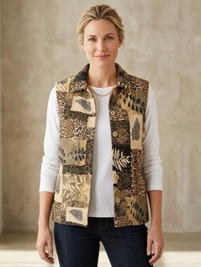 Leopard Print Vest Button Up  Sz L- XL Crinkled Cottagecore Grannycore